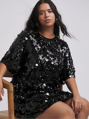 Simply Be Black Sequin T-Shirt Dress - Image 1 of 4