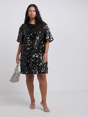 Simply Be Black Sequin T-Shirt Dress - Image 3 of 4