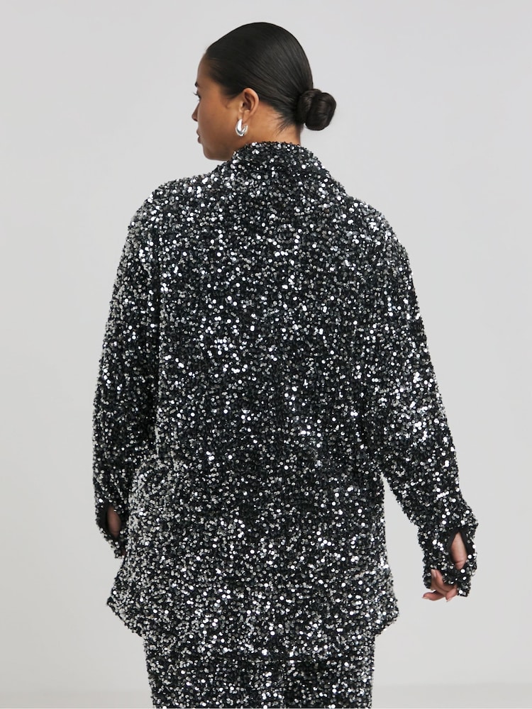 Simply Be Black Velvet Sequin Shirt - Image 2 of 4