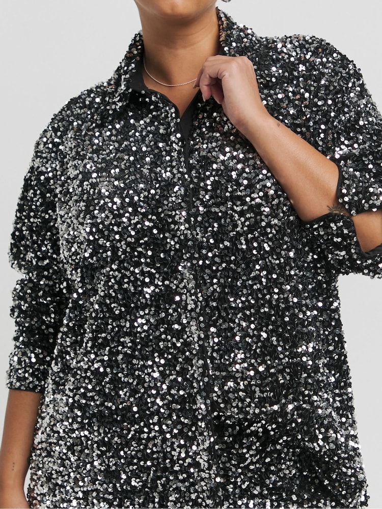Simply Be Black Velvet Sequin Shirt - Image 4 of 4