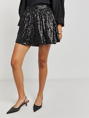 Simply Be Black Sequin Flippy Shorts - Image 1 of 4