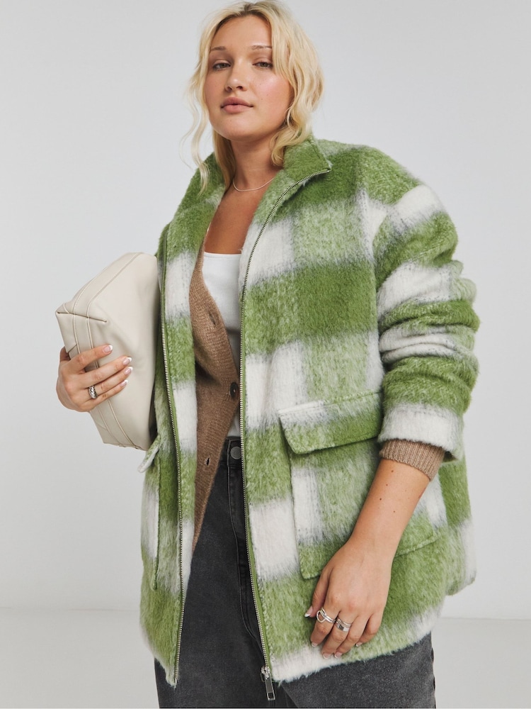 Simply Be Green Funnel Neck Brushed Checked Bomber Jacket - Image 1 of 4