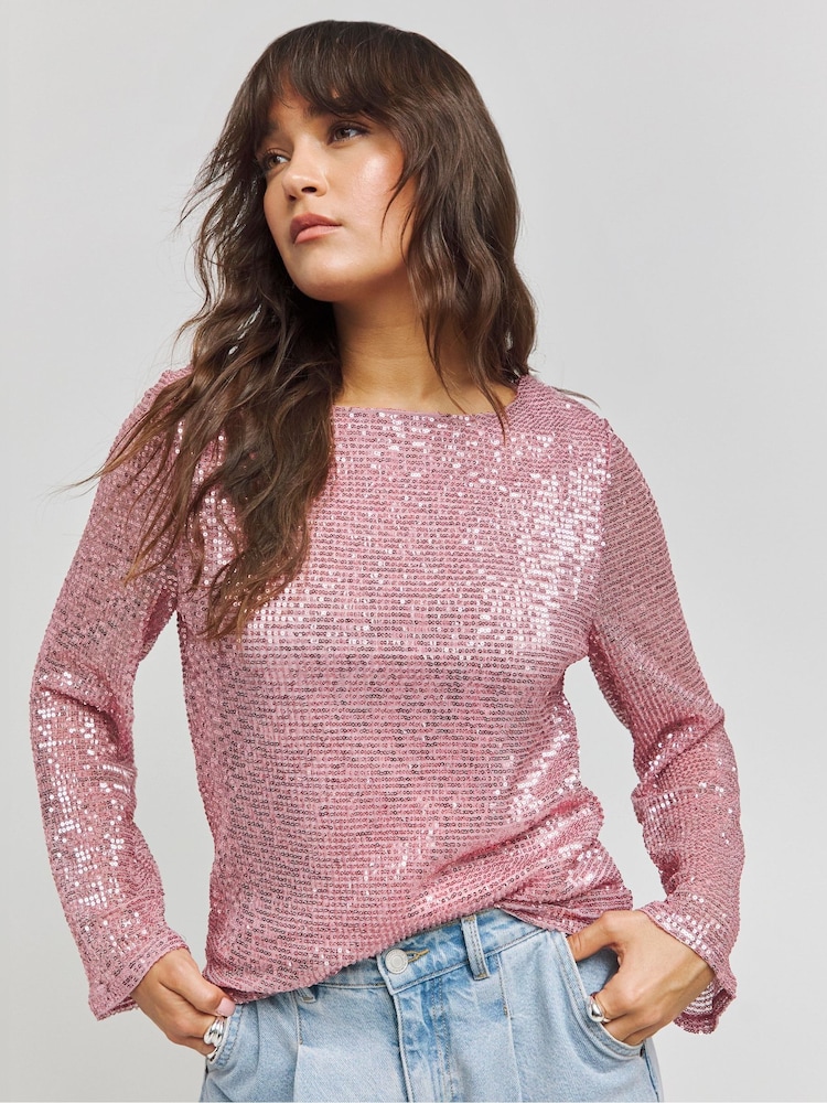Simply Be Pink Flared Sleeves Sequin Top - Image 1 of 4