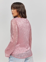 Simply Be Pink Flared Sleeves Sequin Top - Image 2 of 4