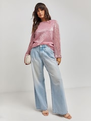 Simply Be Pink Flared Sleeves Sequin Top - Image 3 of 4