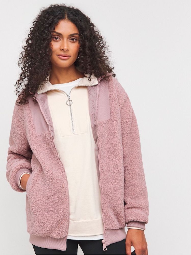JD Williams Pink Zip Through Ribbed Collar Borg Jacket - Image 1 of 4