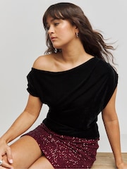 Simply Be Black Velour Off The Shoulder Top - Image 1 of 4