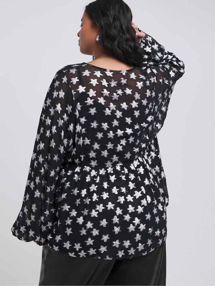 Simply Be Silver Star Jacquard Smock Top - Image 2 of 4