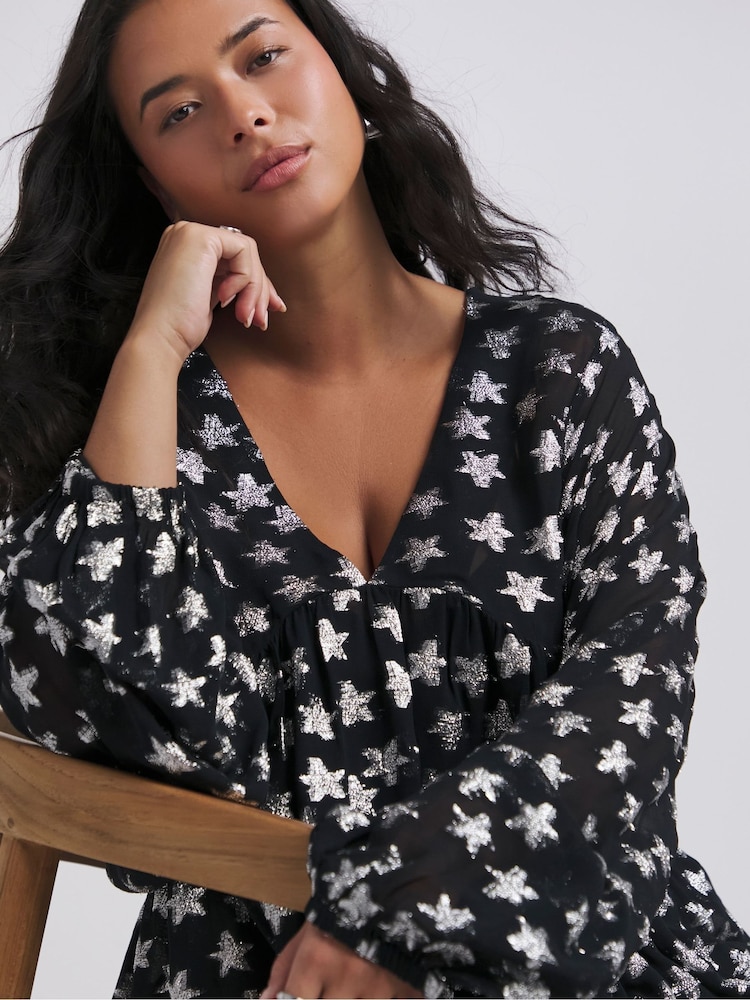 Simply Be Silver Star Jacquard Smock Top - Image 4 of 4