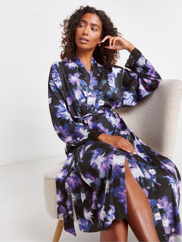 Figleaves Stretch Satin Lace Kimono Black Gown - Image 1 of 4 Figleaves Stretch Satin Lace Kimono Black Gown - Image 1 of 4