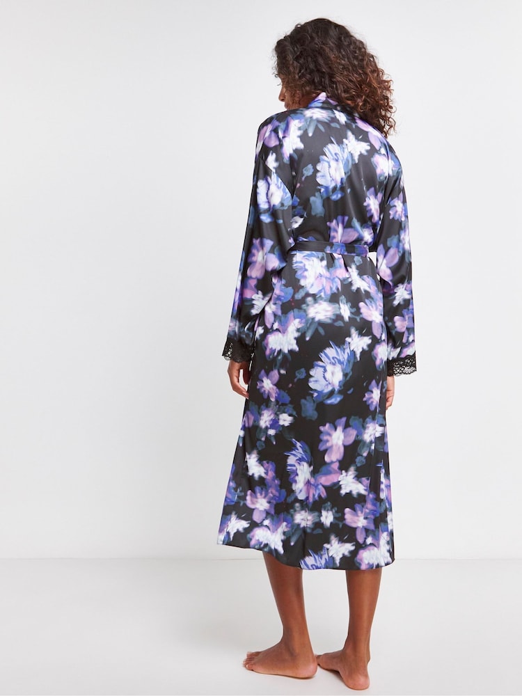 Figleaves Stretch Satin Lace Kimono Black Gown - Image 2 of 4 Figleaves Stretch Satin Lace Kimono Black Gown - Image 2 of 4