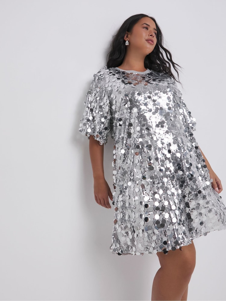 Simply Be Silver Sequin T-Shirt Dress - Image 1 of 4
