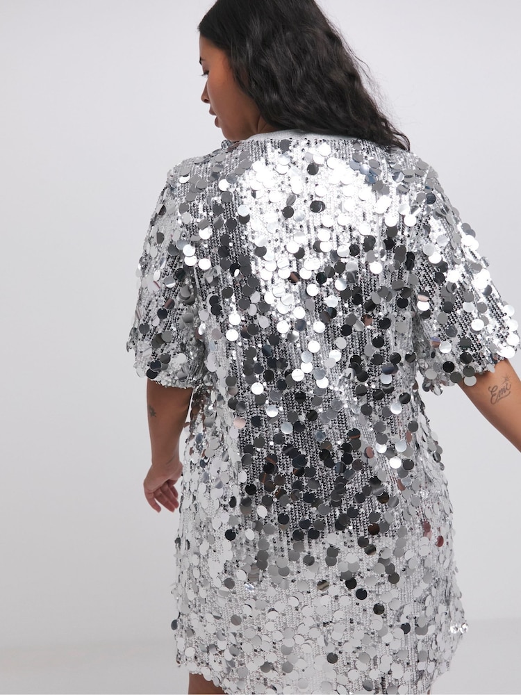 Simply Be Silver Sequin T-Shirt Dress - Image 2 of 4