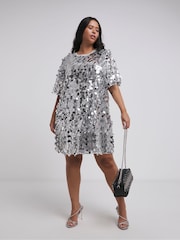 Simply Be Silver Sequin T-Shirt Dress - Image 3 of 4
