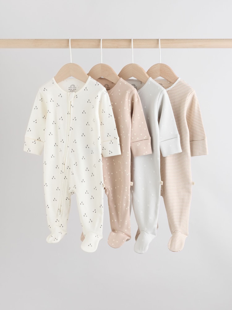 Cream Baby Two Way Zip Sleepsuits 4 Pack (0-2yrs) - Image 1 of 12