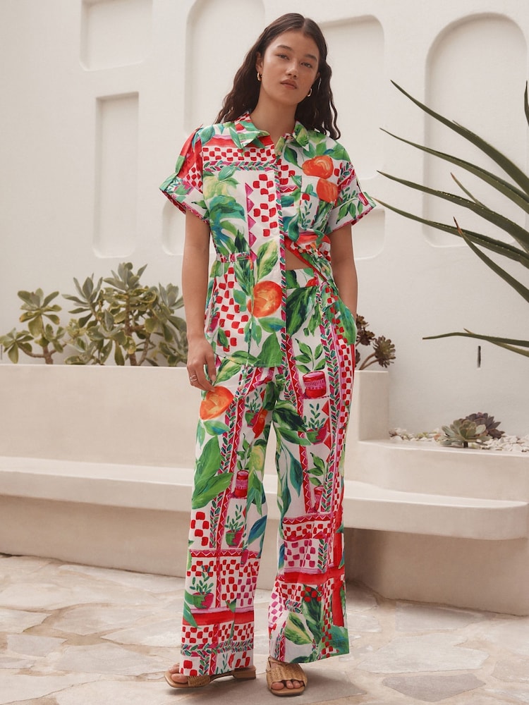 Multi Bright Wide Leg 100% Cotton Trousers - Image 1 of 8 Multi Bright Wide Leg 100% Cotton Trousers - Image 1 of 8