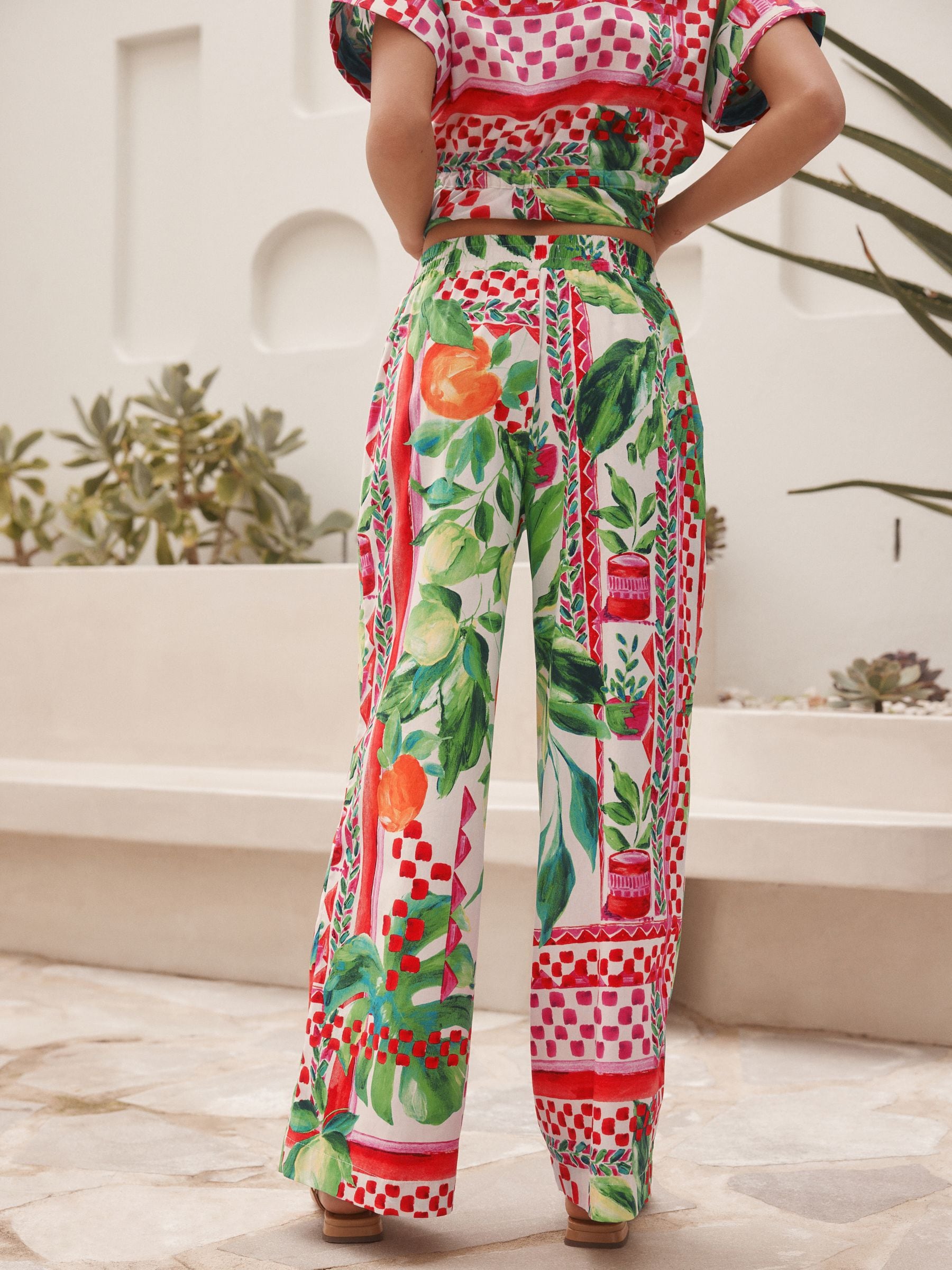 【BAON】Moits Flower Cotton Wide Pants BTFBM Women Casual High Waist Wide Leg Pants Summer Floral