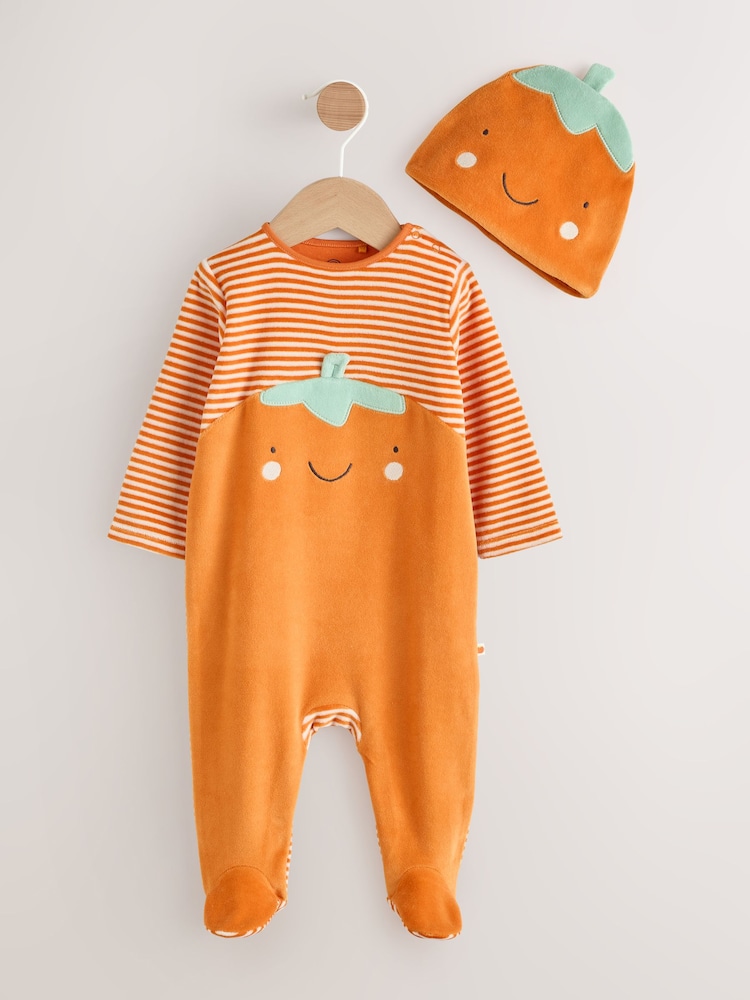 Orange Halloween Velour Pumpkin Dress Up Baby Sleepsuit (0mths-2yrs) - Image 1 of 1 Orange Halloween Velour Pumpkin Dress Up Baby Sleepsuit (0mths-2yrs) - Image 1 of 1