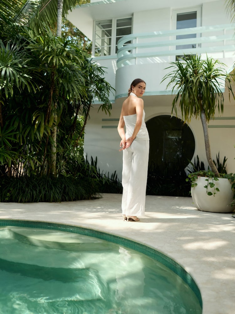 White Wide Leg Embossed Trousers - Image 2 of 8