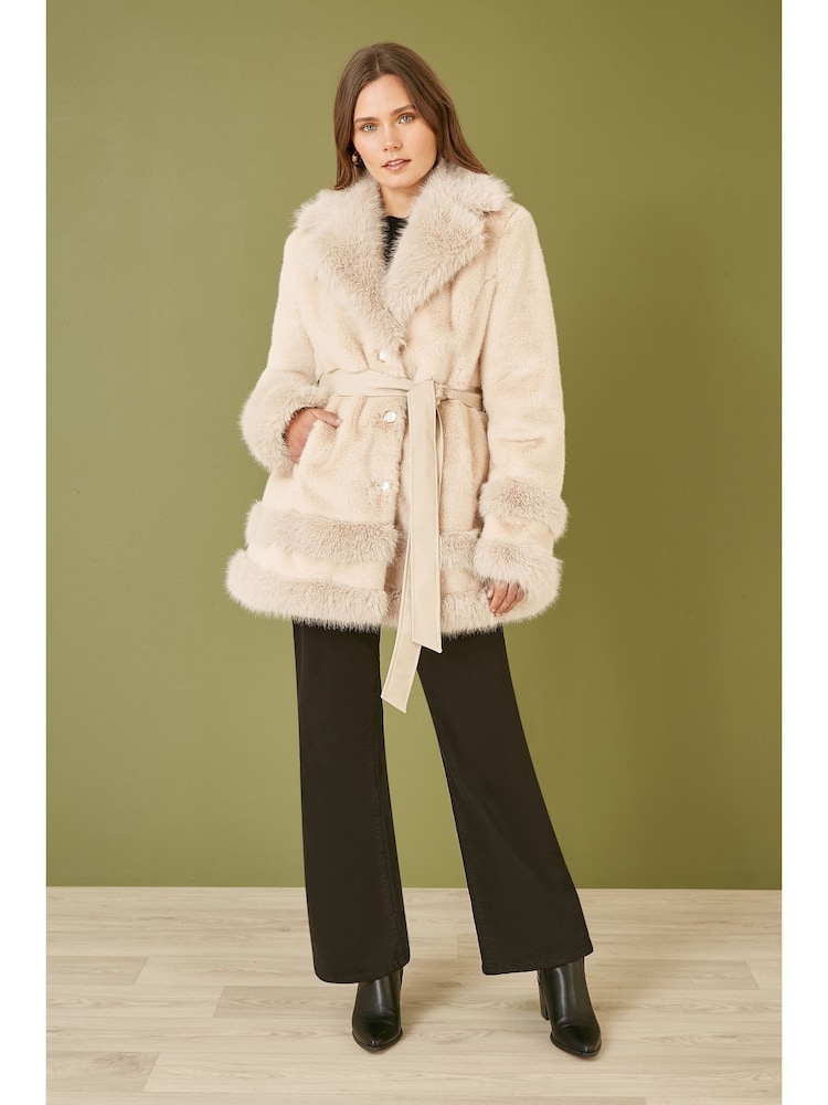 Yumi Cream Luxe Faux Fur Swing Coat With Tie Belt - Image 1 of 3