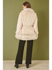 Yumi Cream Luxe Faux Fur Swing Coat With Tie Belt - Image 2 of 3