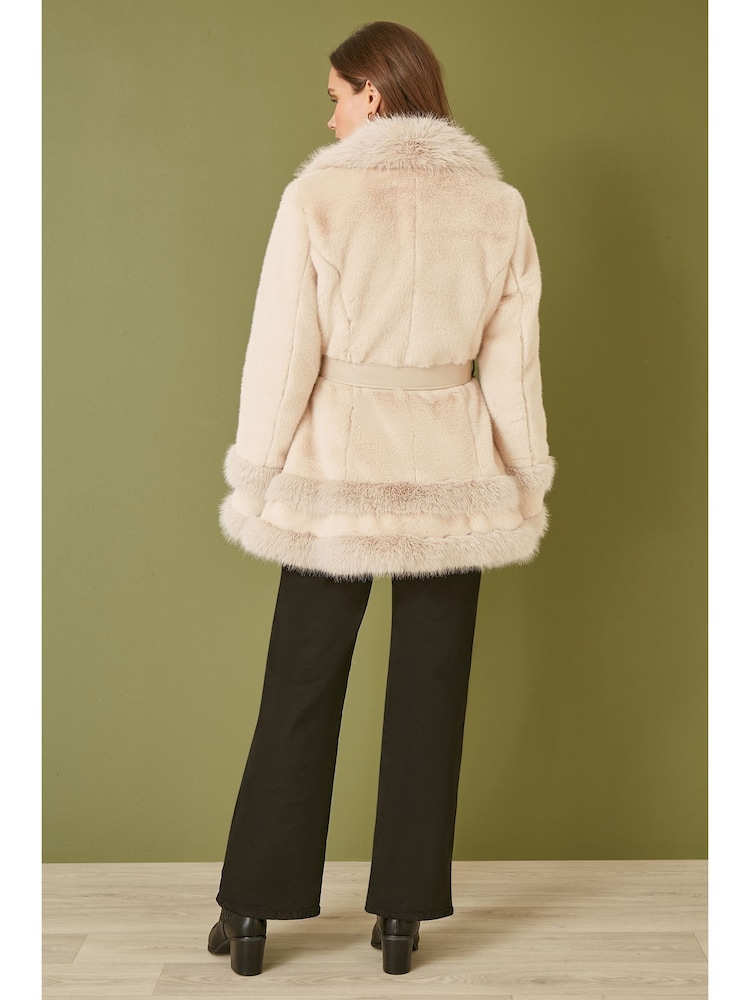 Yumi Cream Luxe Faux Fur Swing Coat With Tie Belt - Image 2 of 3