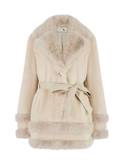 Yumi Cream Luxe Faux Fur Swing Coat With Tie Belt - Image 3 of 3