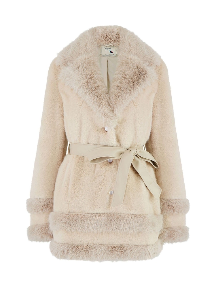 Yumi Cream Luxe Faux Fur Swing Coat With Tie Belt - Image 3 of 3