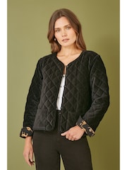 Yumi Black Velvet Quilted Jacket With Reversible Leopard Lining - Image 1 of 4
