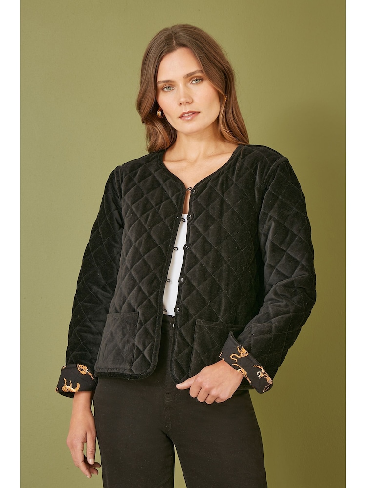 Yumi Black Velvet Quilted Jacket With Reversible Leopard Lining - Image 1 of 4
