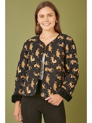 Yumi Black Velvet Quilted Jacket With Reversible Leopard Lining - Image 4 of 4