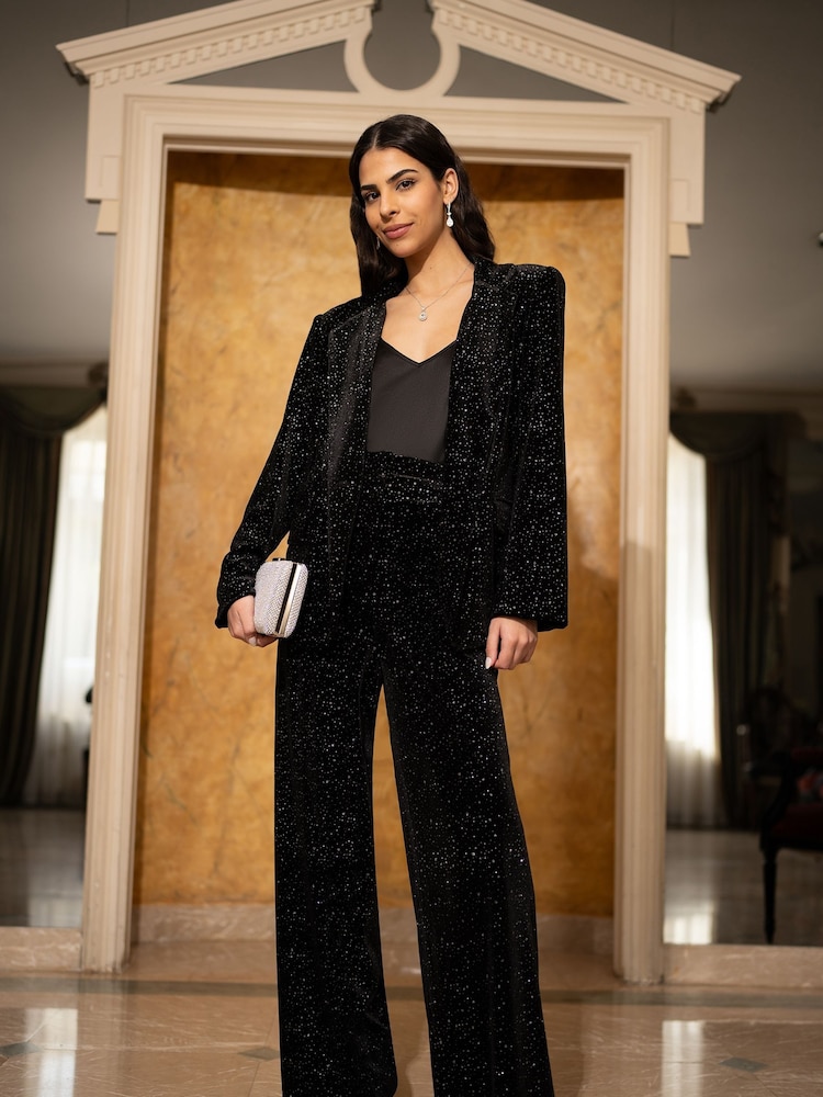 Yumi Black Velvet Sparkle Wide Leg Trousers - Image 1 of 5