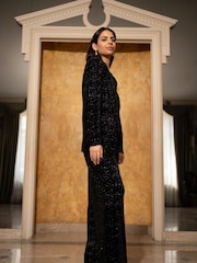 Yumi Black Velvet Sparkle Wide Leg Trousers - Image 3 of 5