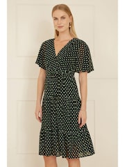 Yumi Black Dot Print Mesh Stretch Midi Skater Dress - Image 1 of 5