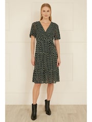 Yumi Black Dot Print Mesh Stretch Midi Skater Dress - Image 2 of 5