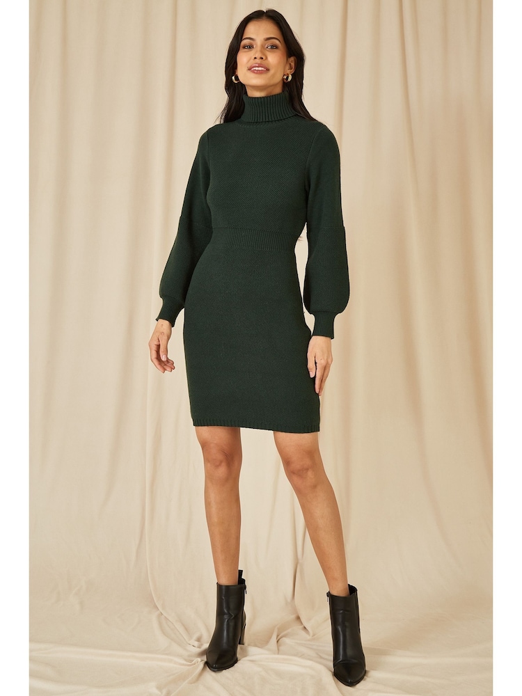 Yumi Green Cable Knit Tunic Dress - Image 2 of 5 Yumi Green Cable Knit Tunic Dress - Image 2 of 5