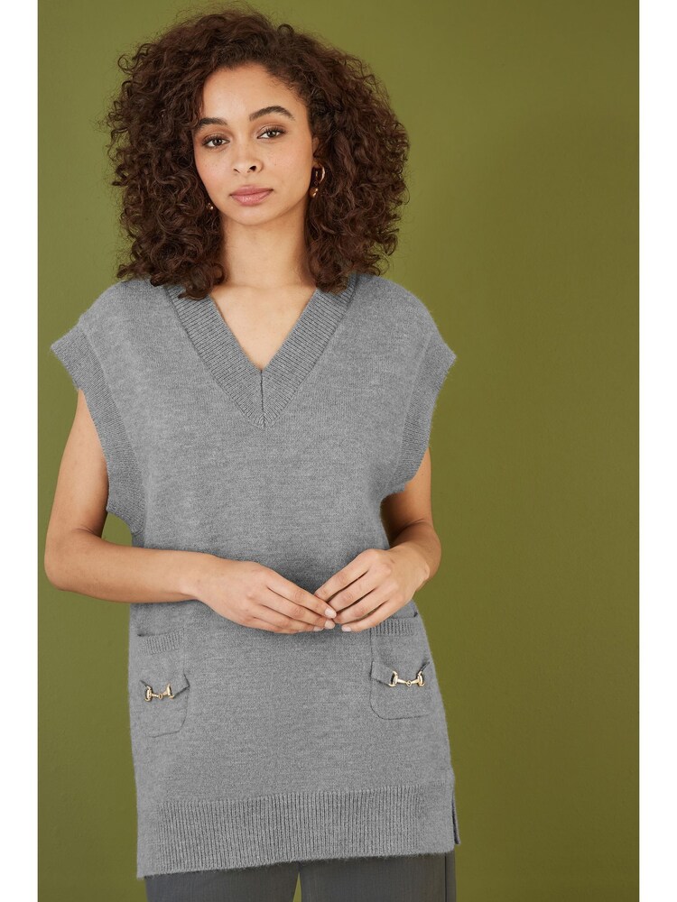 Yumi Grey Knitted Oversize Vest With Pockets And Snaffle Details - Image 2 of 5