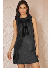 Yumi Black Sequin Bow Tunic Shift Dress - Image 1 of 5