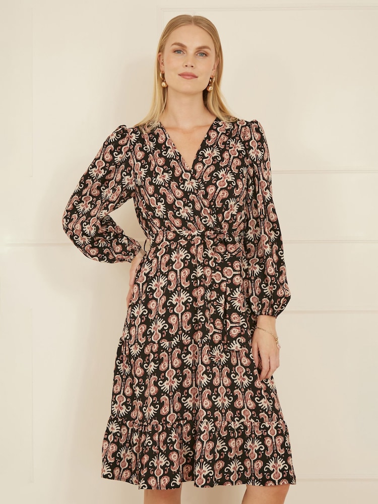 Yumi Black Ikat Long Sleeve Skater Dress - Image 1 of 4