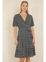 Yumi Black Geo Print Mesh Stretch Midi Skater Dress - Image 1 of 5