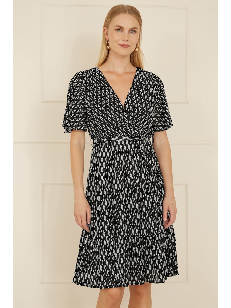 Yumi Black Geo Print Mesh Stretch Midi Skater Dress - Image 1 of 5