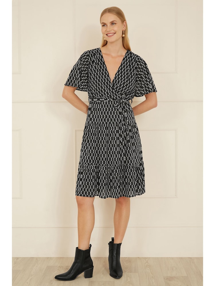 Yumi Black Geo Print Mesh Stretch Midi Skater Dress - Image 2 of 5