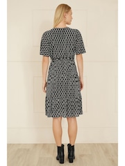 Yumi Black Geo Print Mesh Stretch Midi Skater Dress - Image 3 of 5