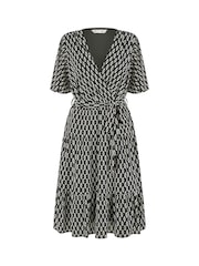 Yumi Black Geo Print Mesh Stretch Midi Skater Dress - Image 5 of 5