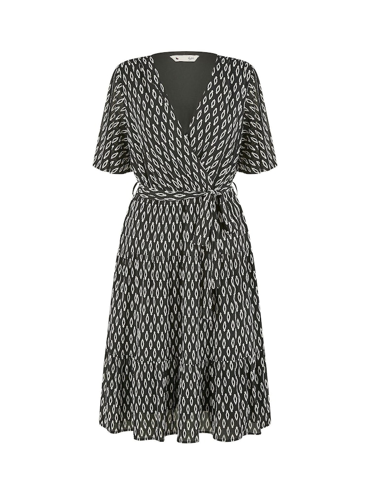 Yumi Black Geo Print Mesh Stretch Midi Skater Dress - Image 5 of 5