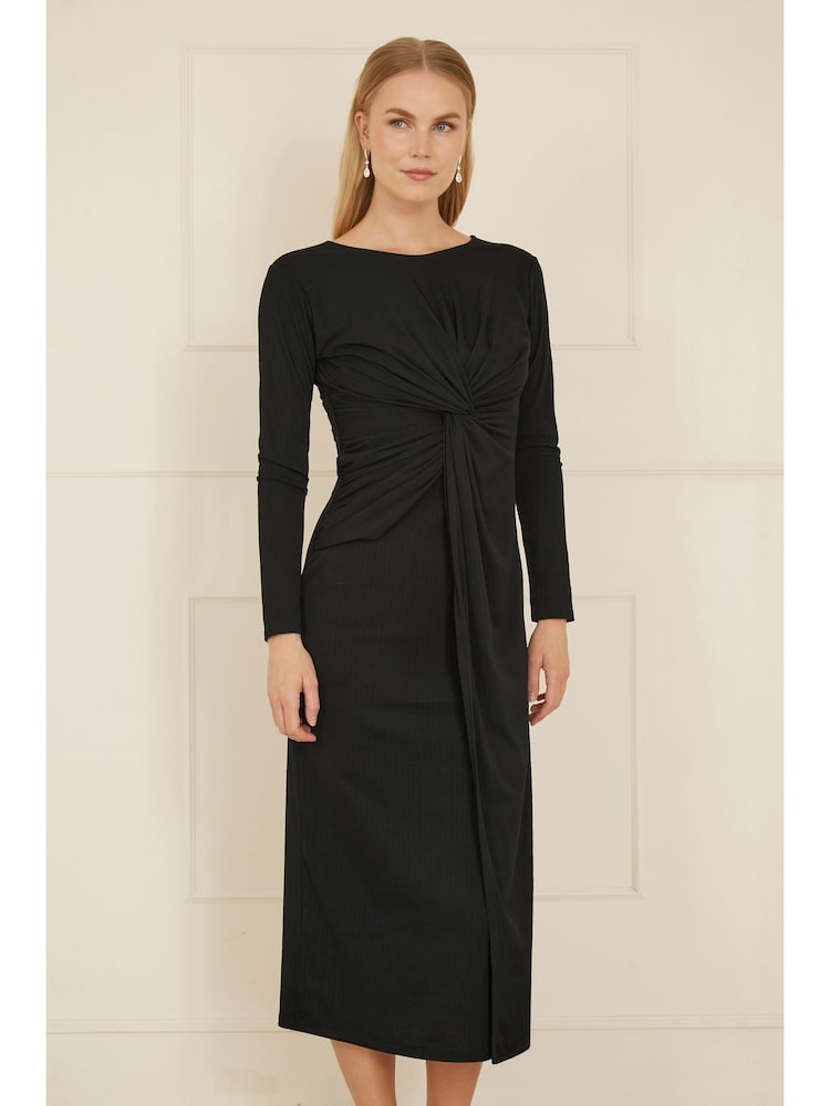 Yumi Black Midi Fitted Stretch Dress With Knot Detail - Image 1 of 5