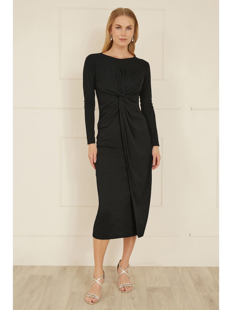Yumi Black Midi Fitted Stretch Dress With Knot Detail - Image 2 of 5