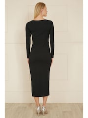 Yumi Black Midi Fitted Stretch Dress With Knot Detail - Image 3 of 5