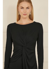 Yumi Black Midi Fitted Stretch Dress With Knot Detail - Image 4 of 5