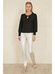 Yumi Black Sparkle Stretch Keyhole Neckline Top - Image 2 of 5
